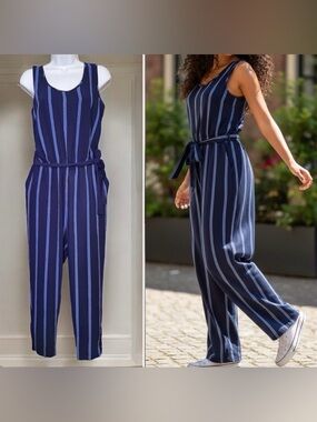 TOMMY HILFIGER JUMPSUIT SIZE 8, NAVY BLUE STRIPED, TIE BELT, SLEEVELESS ROMPER